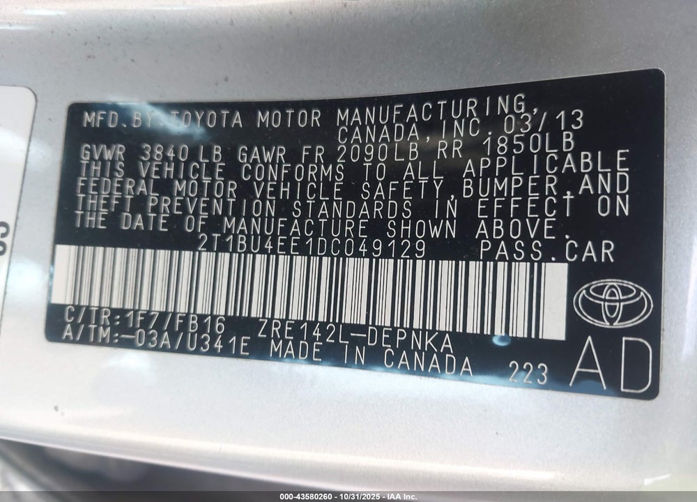 2013 TOYOTA COROLLA LE VIN: 2T1BU4EE1DC049129