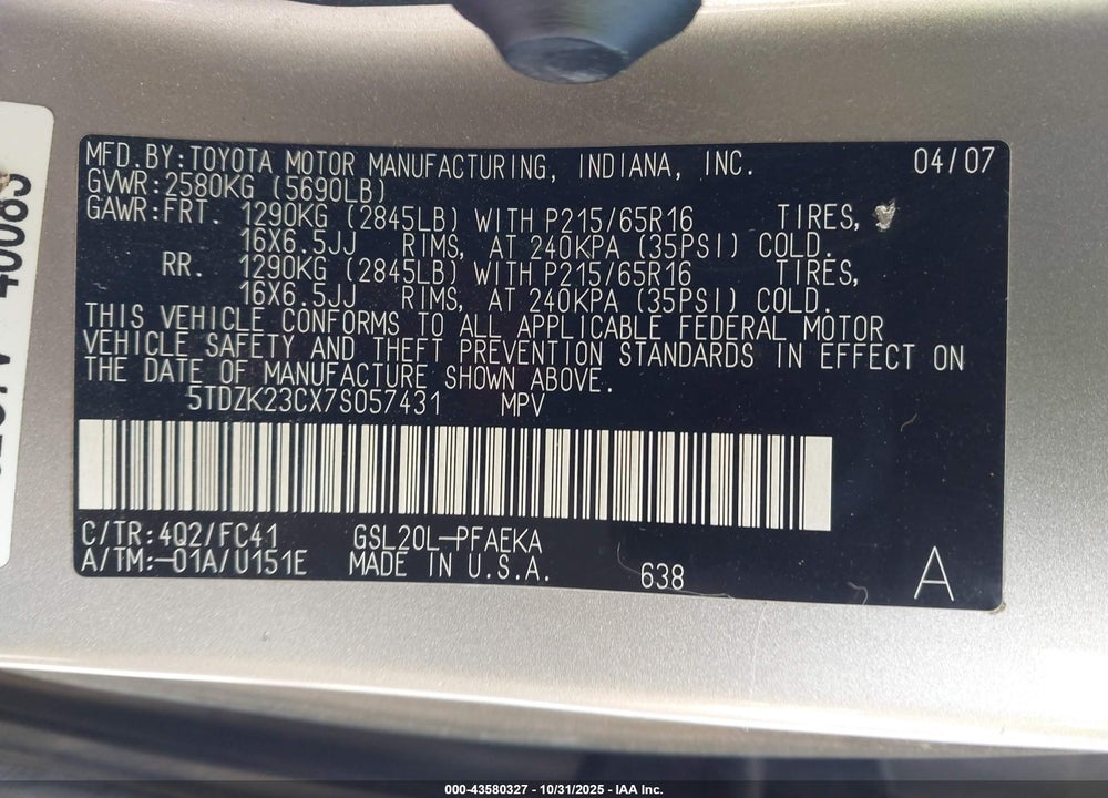 2007 TOYOTA SIENNA LE VIN: 5TDZK23CX7S057431