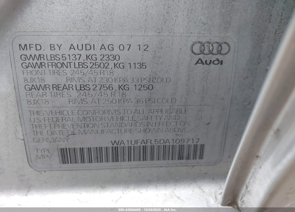 2013 AUDI ALLROAD VIN: WA1UFAFL5DA109717
