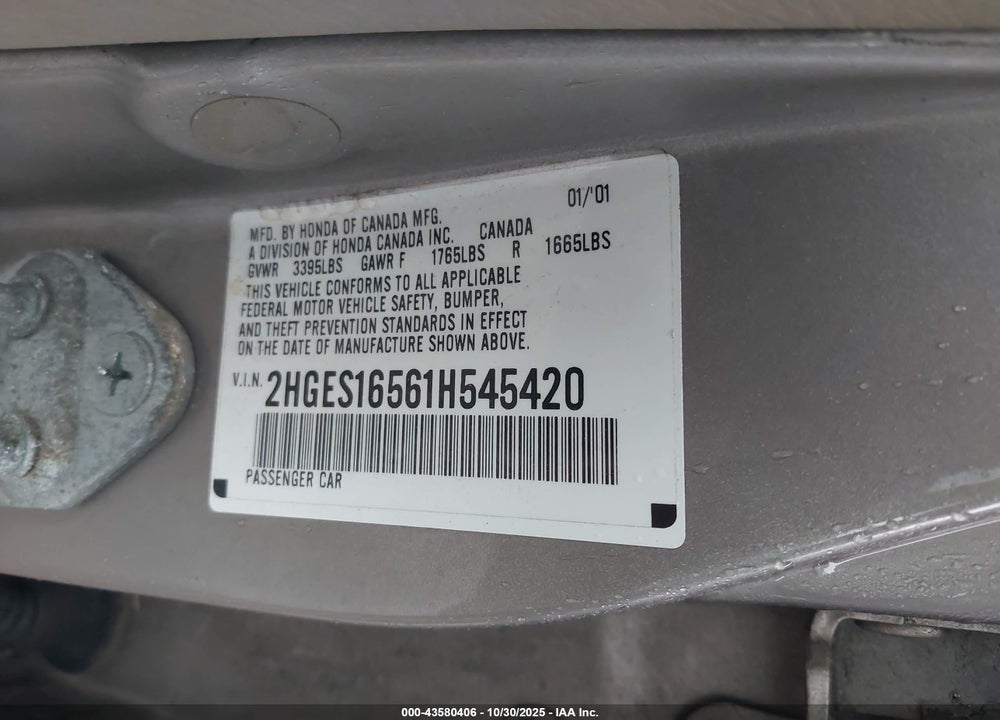 2001 HONDA CIVIC LX VIN: 2HGES16561H545420