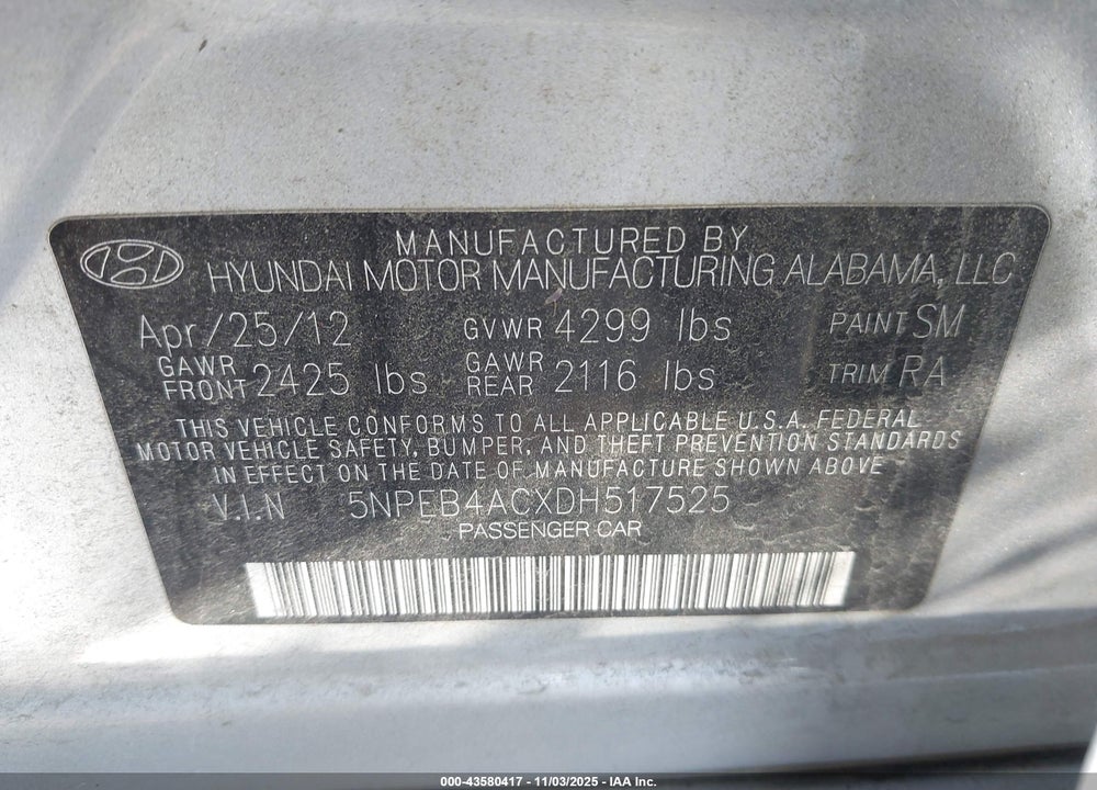 2013 HYUNDAI SONATA GLS VIN: 5NPEB4ACXDH517525
