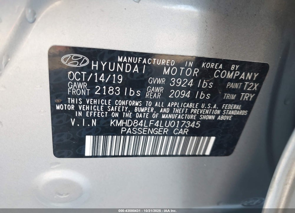 2020 HYUNDAI ELANTRA SEL VIN: KMHD84LF4LU017345