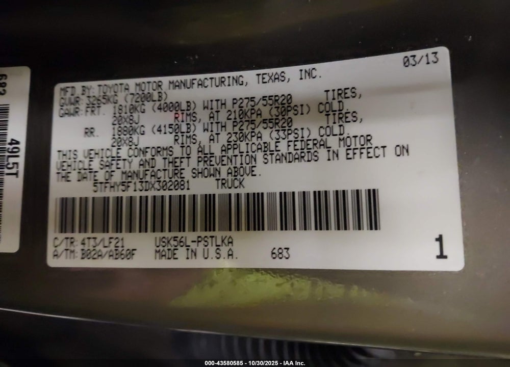 2013 TOYOTA TUNDRA VIN: 5TFHY5F13DX302081