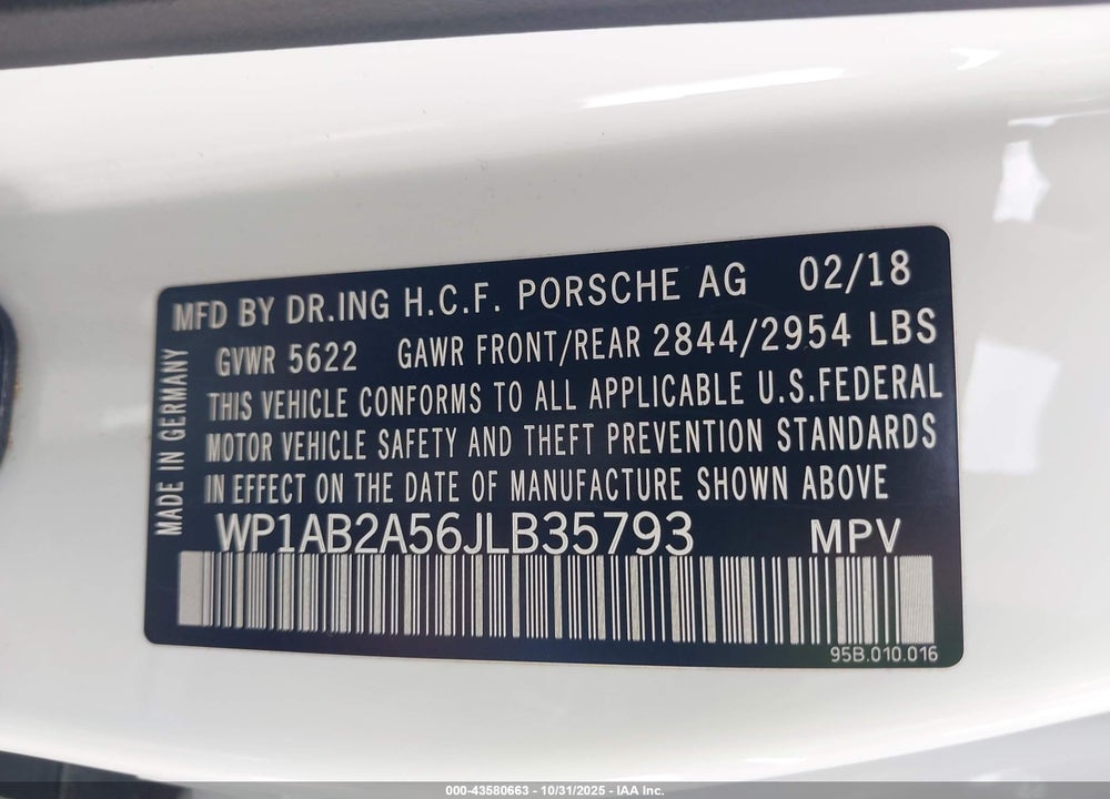 2018 PORSCHE MACAN S VIN: WP1AB2A56JLB35793