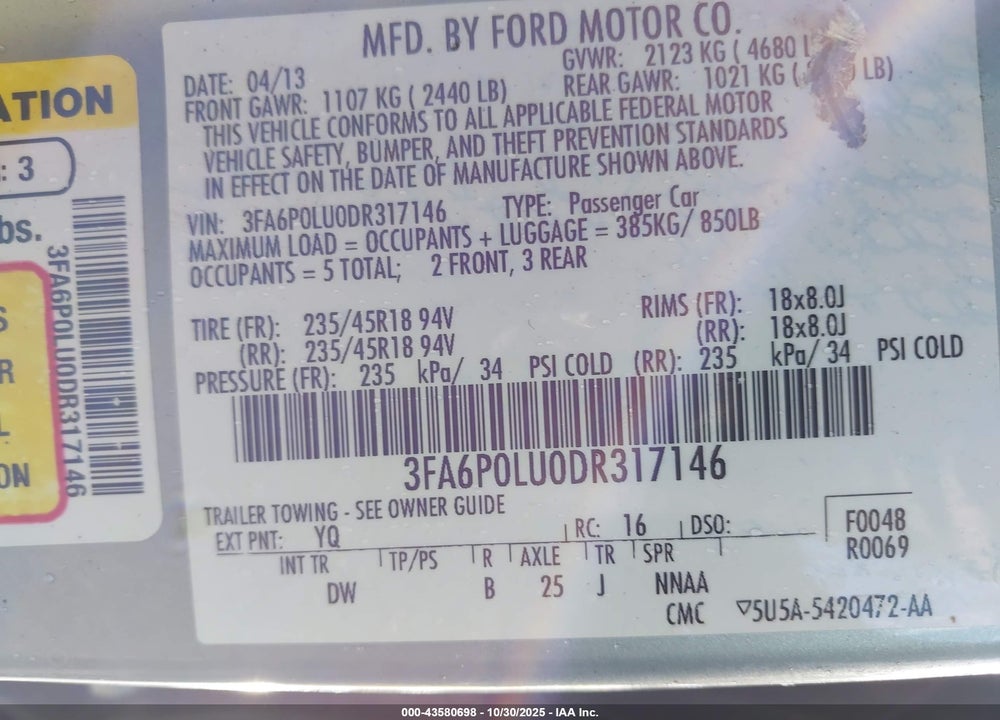 2013 FORD FUSION HYBRID SE VIN: 3FA6P0LU0DR317146