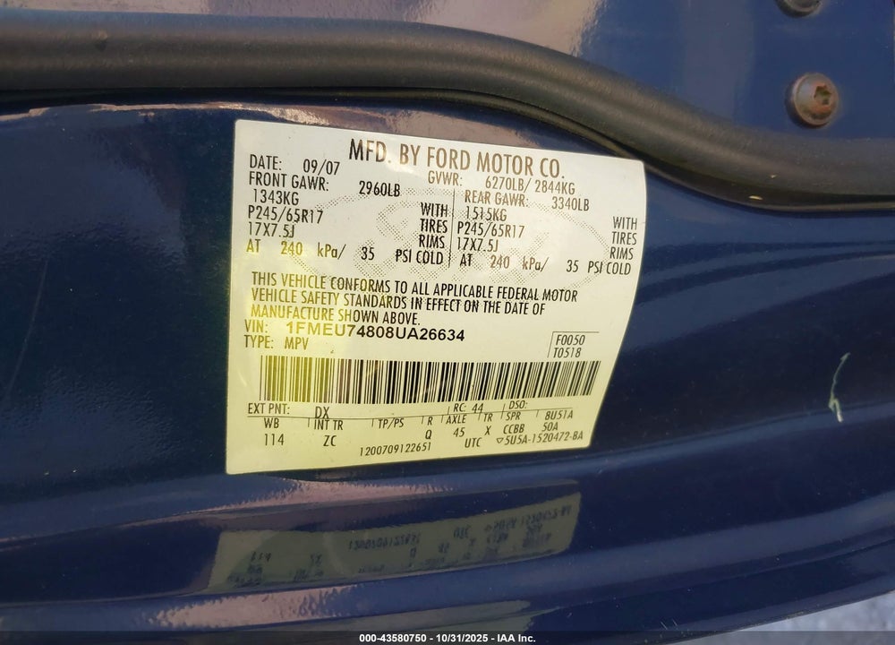 2008 FORD EXPLORER EDDIE BAUER VIN: 1FMEU74808UA26634