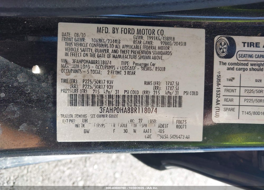 2011 FORD FUSION SE VIN: 3FAHP0HA8BR118074