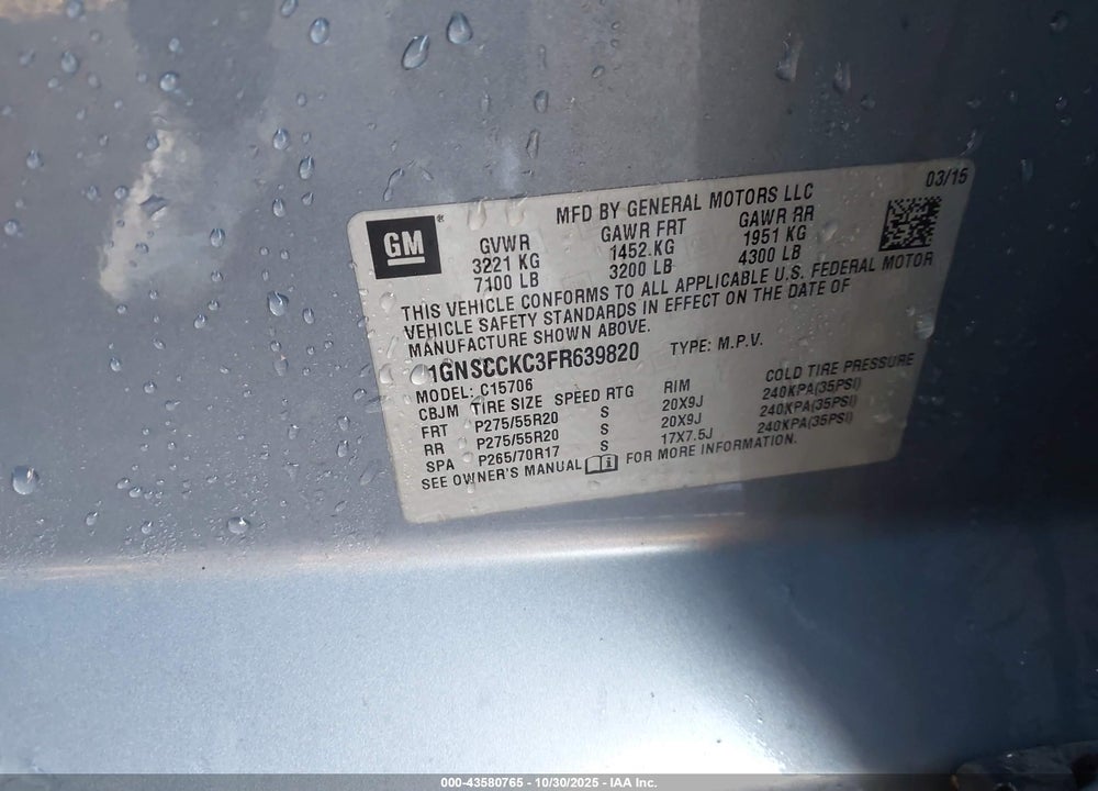 2015 CHEVROLET TAHOE LTZ VIN: 1GNSCCKC3FR639820