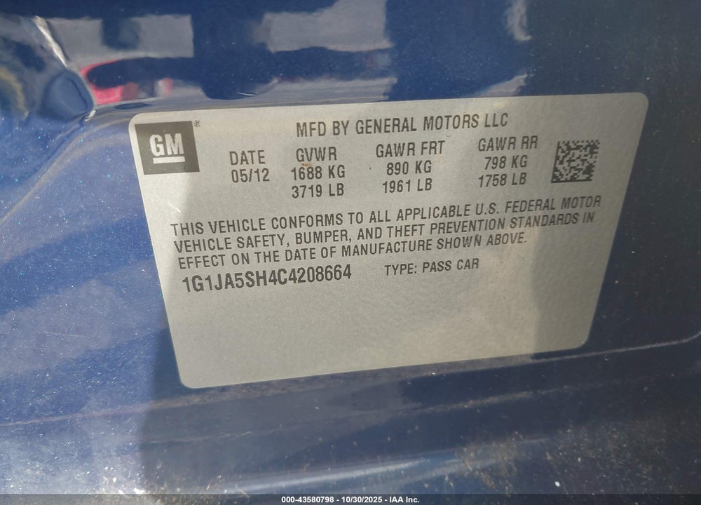 2012 CHEVROLET SONIC 2LS VIN: 1G1JA5SH4C4208664