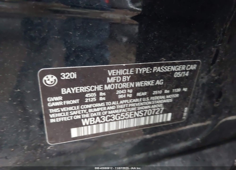 2014 BMW 320I XDRIVE VIN: WBA3C3G55ENS70727
