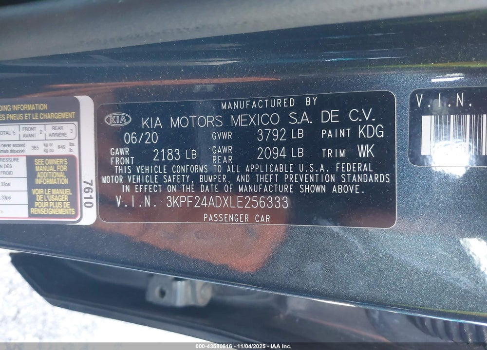 2020 KIA FORTE LXS VIN: 3KPF24ADXLE256333