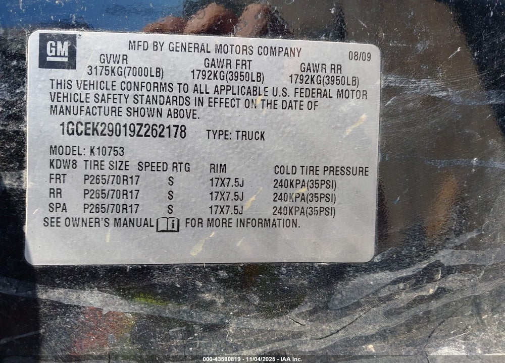 2009 CHEVROLET SILVERADO 1500 LT VIN: 1GCEK29019Z262178