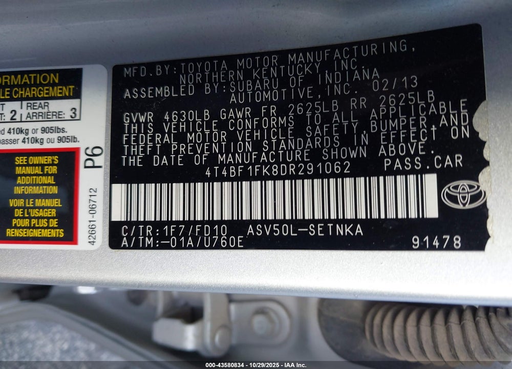 2013 TOYOTA CAMRY VIN: 4T4BF1FK8DR291062