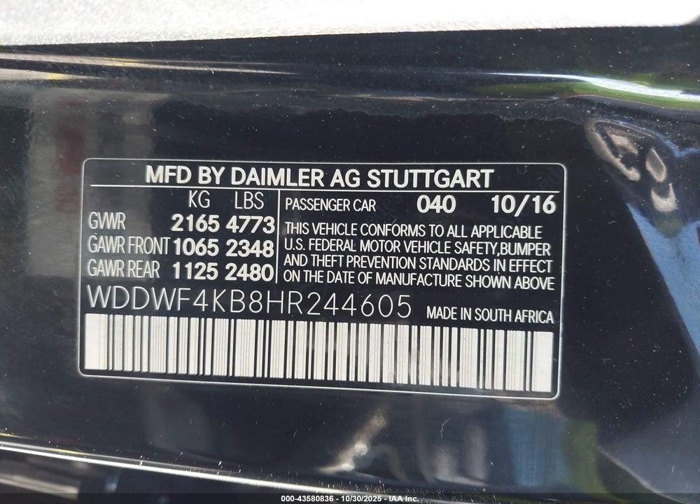 2017 MERCEDES-BENZ C CLASS VIN: WDDWF4KB8HR244605
