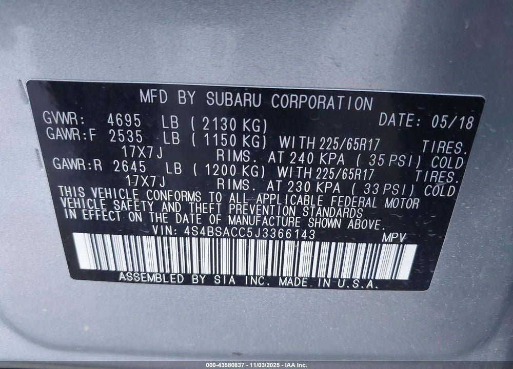 2018 SUBARU OUTBACK VIN: 4S4BSACC5J3366143
