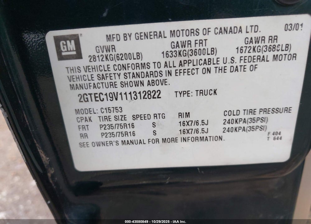2001 GMC SIERRA 1500 SLE VIN: 2GTEC19V111312822