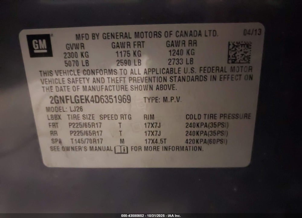 2013 CHEVROLET EQUINOX LTZ VIN: 2GNFLGEK4D6351969
