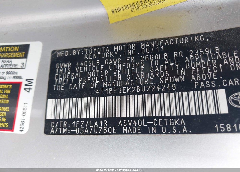 2011 TOYOTA CAMRY XLE VIN: 4T1BF3EK2BU224249
