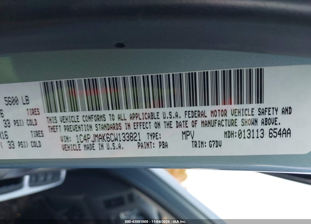 2012 JEEP LIBERTY SPORT VIN: 1C4PJMAK6CW133821