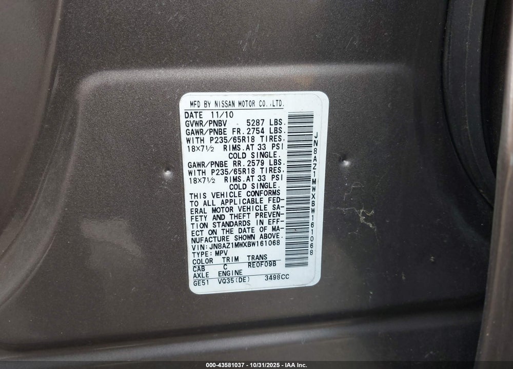 2011 NISSAN MURANO SL VIN: JN8AZ1MWXBW161068