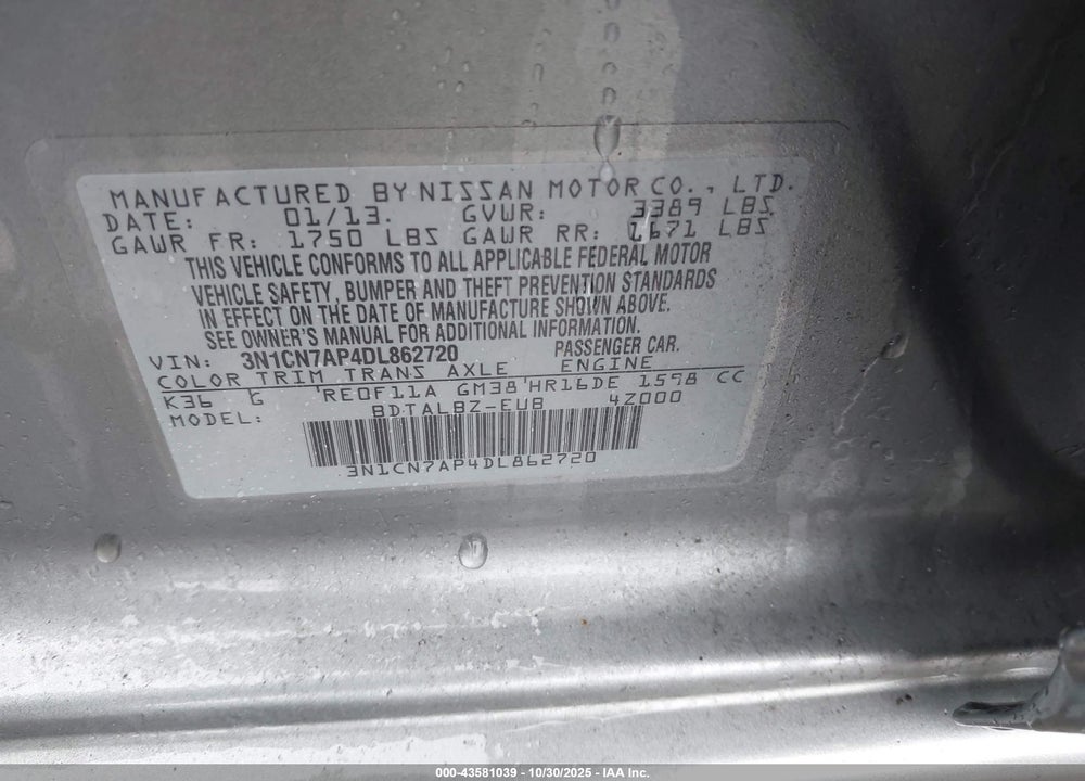 2013 NISSAN VERSA 1.6 SV VIN: 3N1CN7AP4DL862720