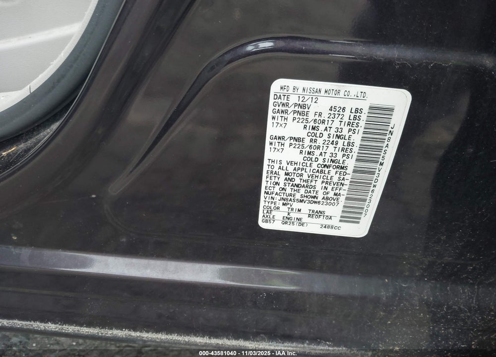 2013 NISSAN ROGUE SV VIN: JN8AS5MV3DW623007