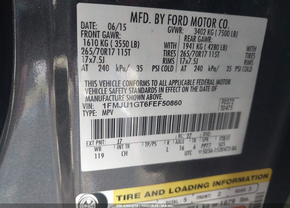 2015 FORD EXPEDITION VIN: 1FMJU1GT6FEF50860