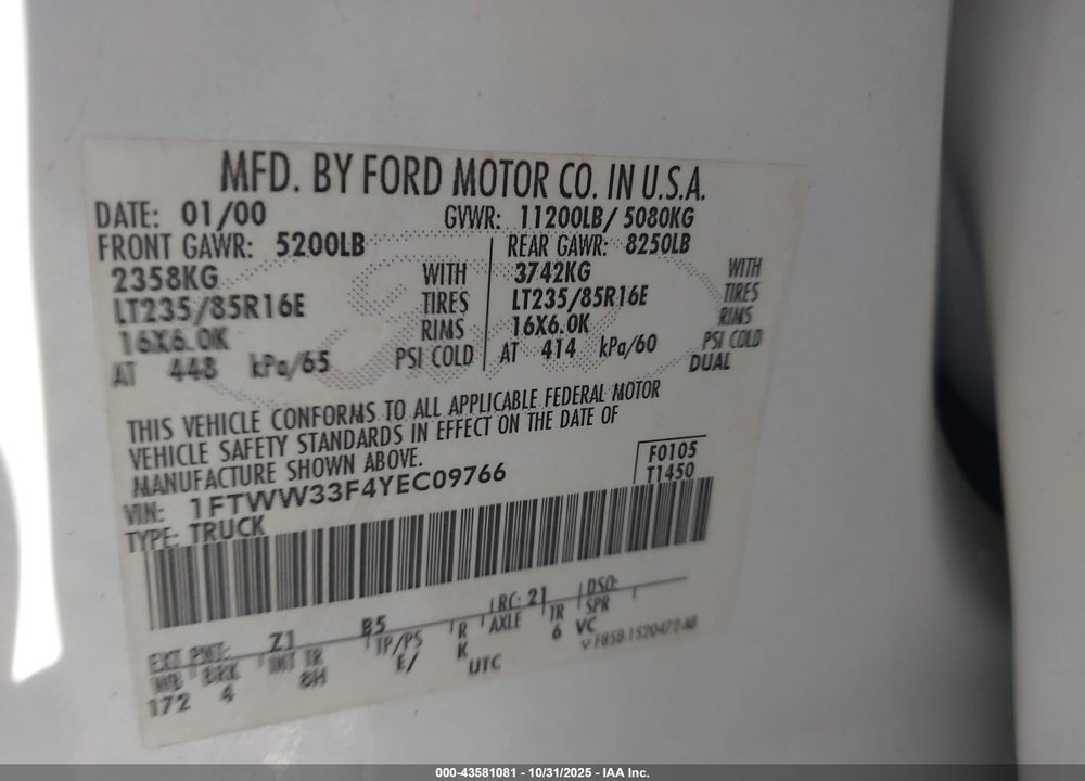 2000 FORD F-350 LARIAT/XL/XLT VIN: 1FTWW33F4YEC09766