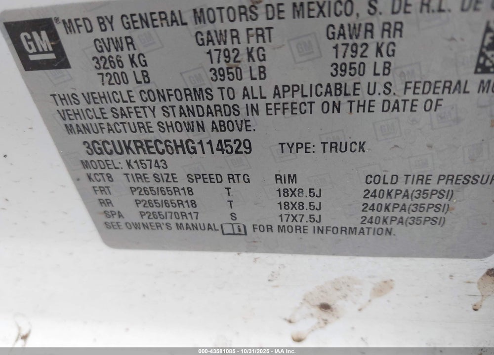 2017 CHEVROLET SILVERADO 1500 VIN: 3GCUKREC6HG114529