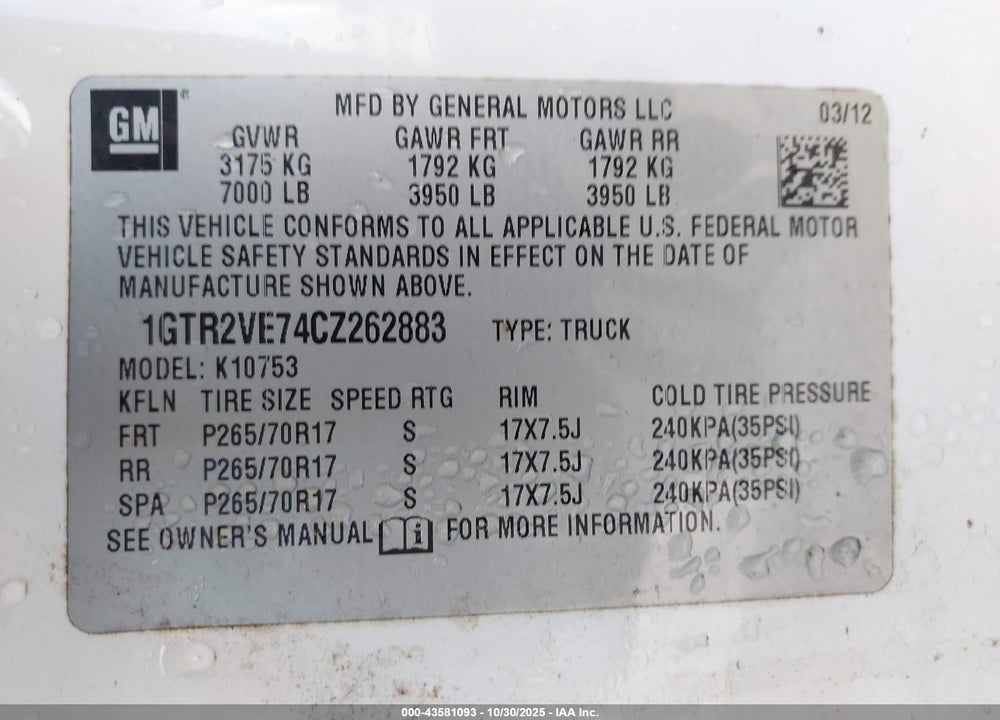 2012 GMC SIERRA 1500 SLE VIN: 1GTR2VE74CZ262883