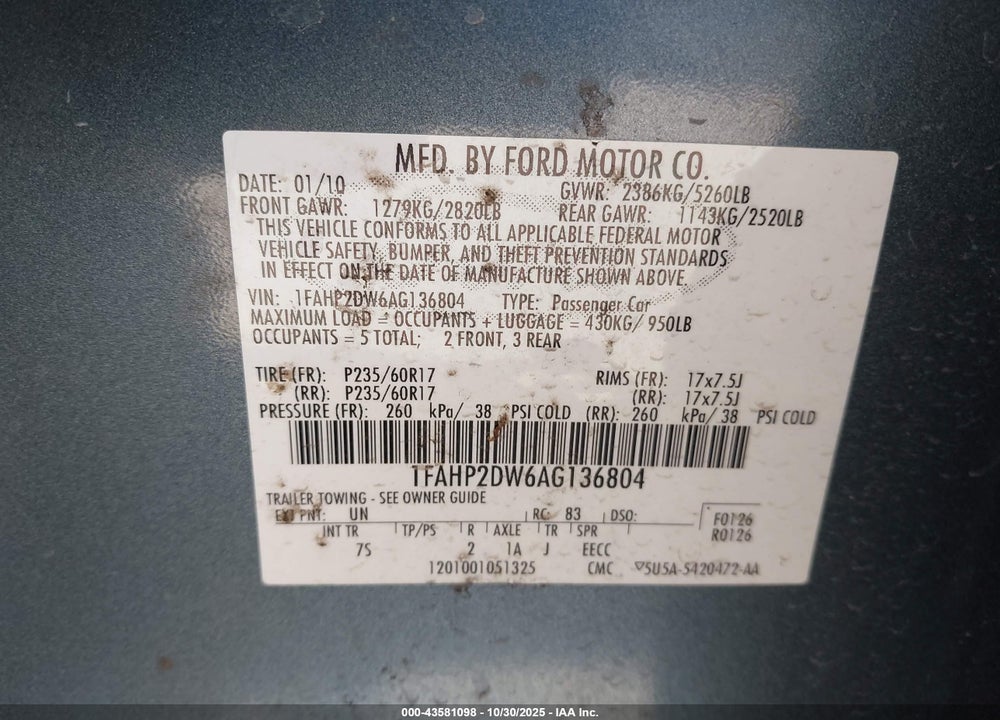 2010 FORD TAURUS SE VIN: 1FAHP2DW6AG136804