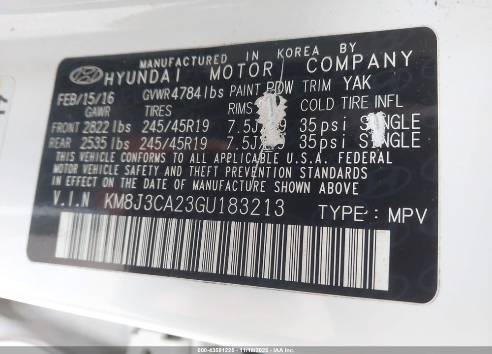 2016 HYUNDAI TUCSON VIN: KM8J3CA23GU183213