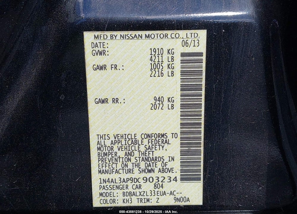2013 NISSAN ALTIMA 2.5 SL VIN: 1N4AL3AP9DC903234