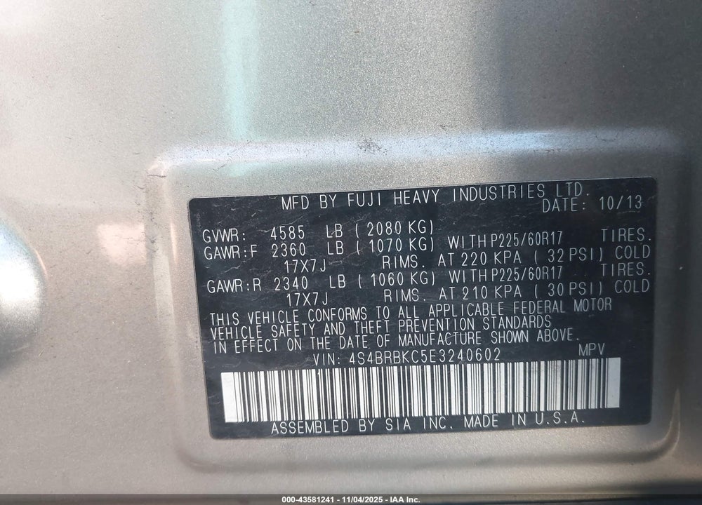 2014 SUBARU OUTBACK VIN: 4S4BRBKC5E3240602