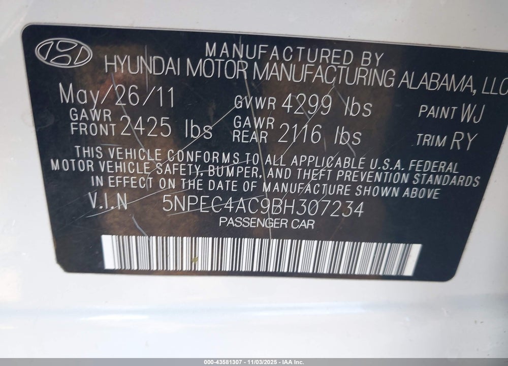 2011 HYUNDAI SONATA VIN: 5NPEC4AC9BH307234