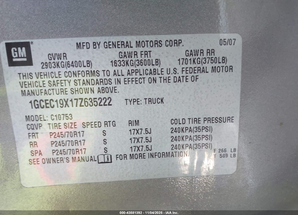 2007 CHEVROLET SILVERADO 1500 VIN: 1GCEC19X17Z635222