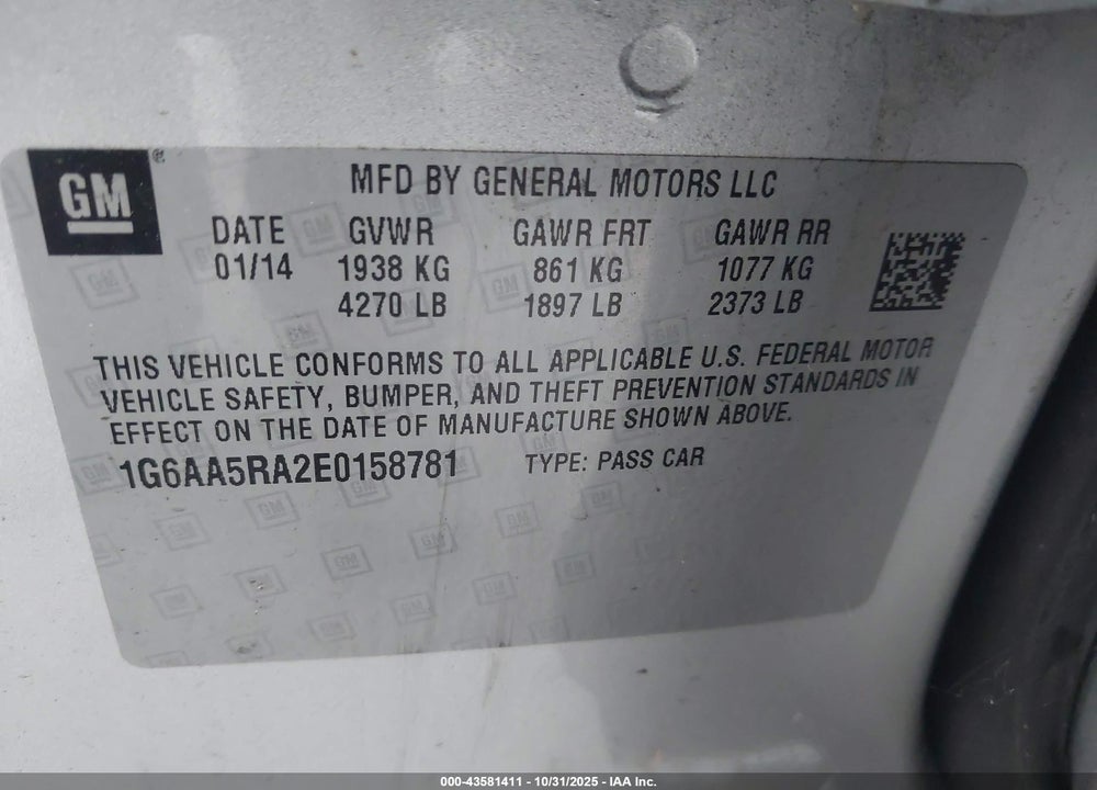 2014 CADILLAC ATS STANDARD VIN: 1G6AA5RA2E0158781