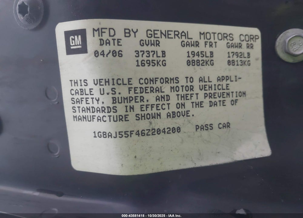 2006 SATURN ION 2 VIN: 1G8AJ55F46Z204200
