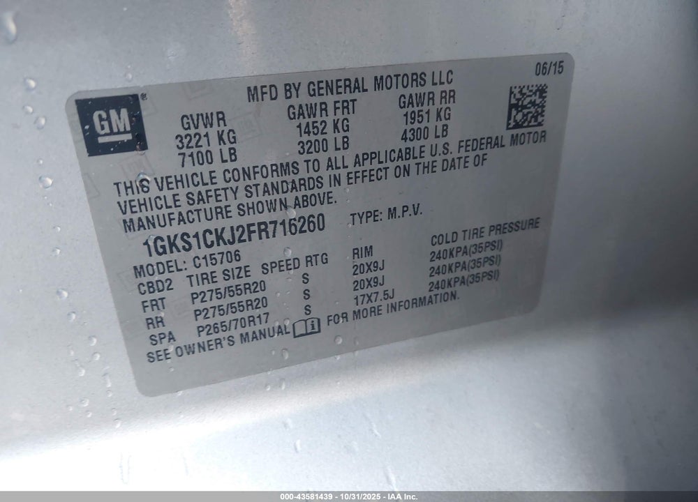 2015 GMC YUKON VIN: 1GKS1CKJ2FR716260