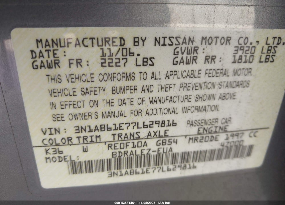 2007 NISSAN SENTRA 2.0S VIN: 3N1AB61E77L629816