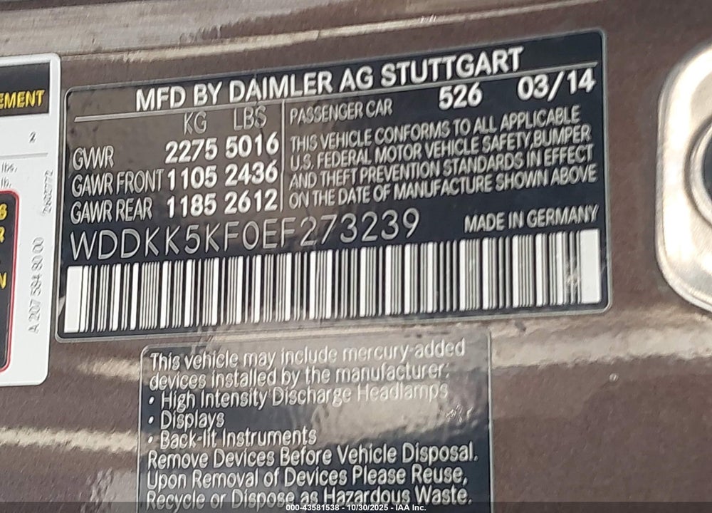 2014 MERCEDES-BENZ E 350 VIN: WDDKK5KF0EF273239