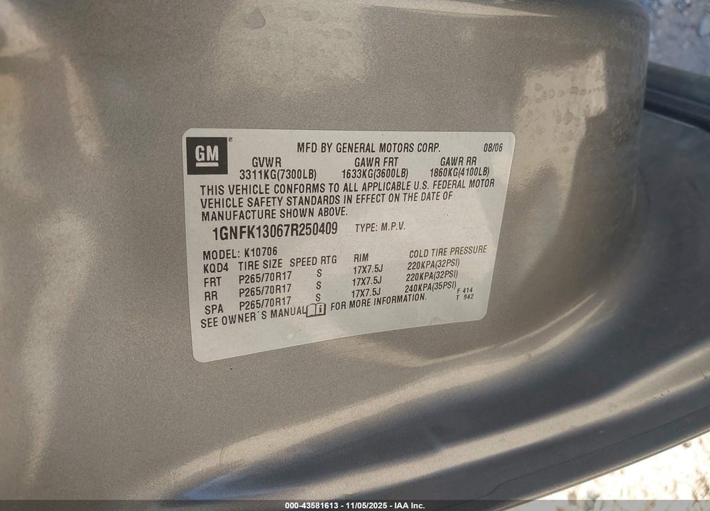2007 CHEVROLET TAHOE LT VIN: 1GNFK13067R250409