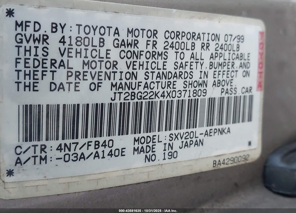 1999 TOYOTA CAMRY LE VIN: JT2BG22K4X0371809