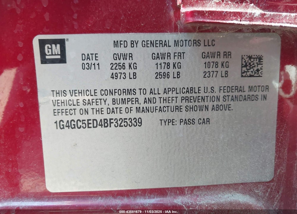 2011 BUICK LACROSSE VIN: 1G4GC5ED4BF325339