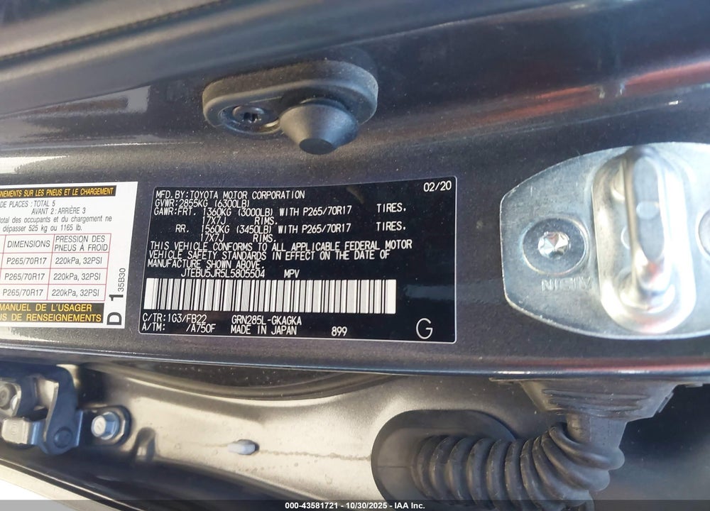 2020 TOYOTA 4RUNNER SR5/SR5 PREMIUM/VENTURE/LIMITED/NIGHT SHADE/TRD OFF ROAD/TRD OFF ROAD PREMIUM/TRD PRO VIN: JTEBU5JR5L5805504