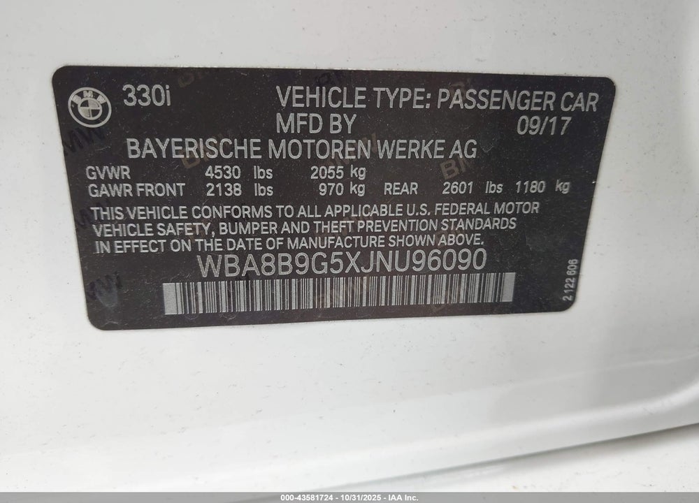 2018 BMW 330I VIN: WBA8B9G5XJNU96090