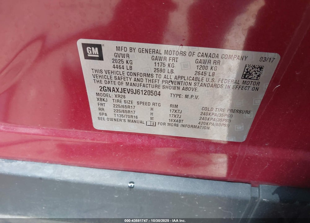 2018 CHEVROLET EQUINOX VIN: 2GNAXJEV9J6120504