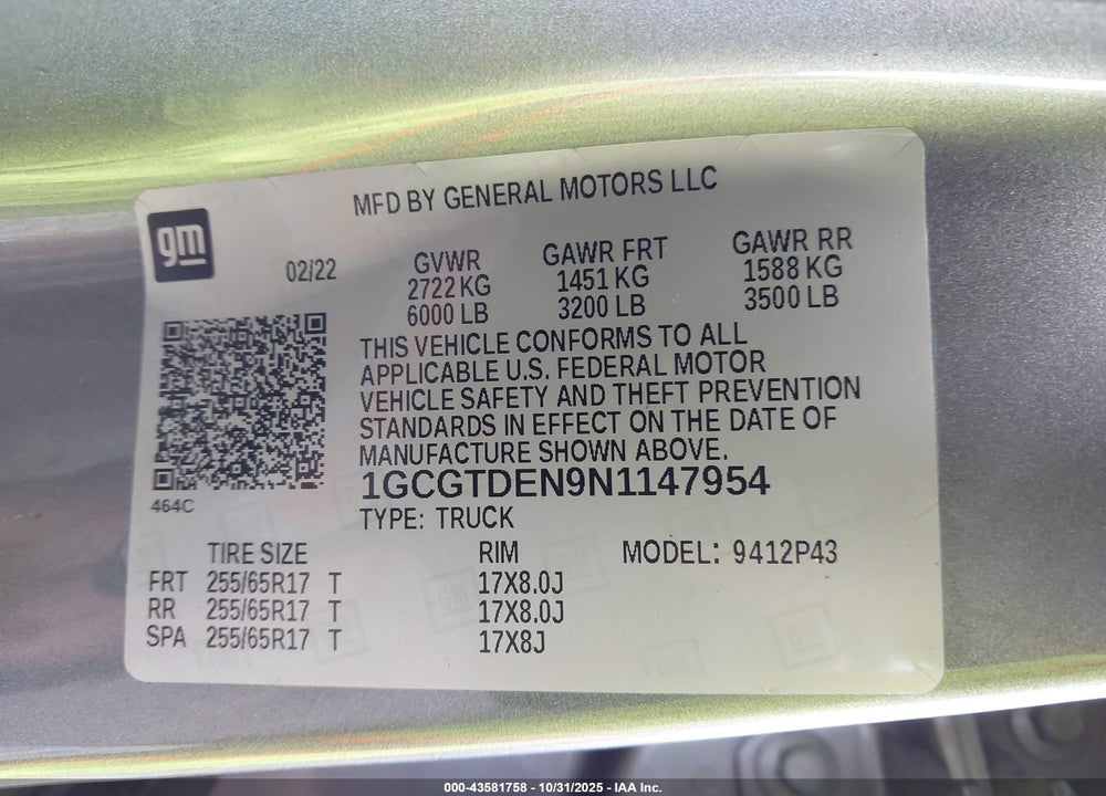 2022 CHEVROLET COLORADO 4WD SHORT BOX Z71 VIN: 1GCGTDEN9N1147954
