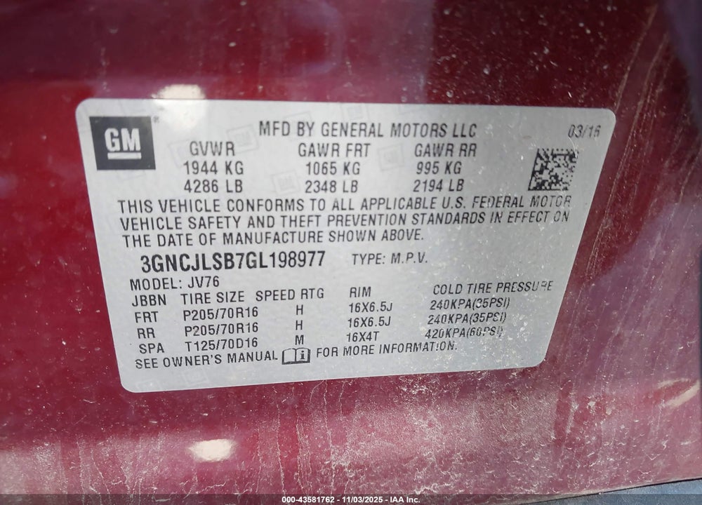 2016 CHEVROLET TRAX LT VIN: 3GNCJLSB7GL198977