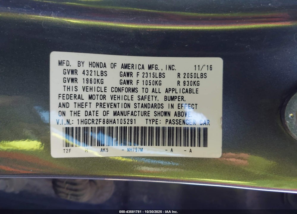 2017 HONDA ACCORD VIN: 1HGCR2F88HA105291